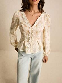 Poéselle Elegant Commuter Woven Embroidered Floral Lace Trim Long Sleeve Blouse - Pink - View 5