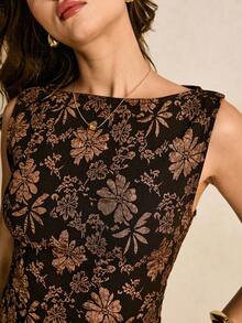 Poéselle 女士时尚复古无袖上衣和裙子两件套 - 棕色 - 查看 3