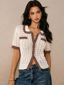 Poéselle Áo thun tay ngắn cổ polo màu tương phản dành cho nữ vào mùa thu/đông - Lạc đà - Xem 1