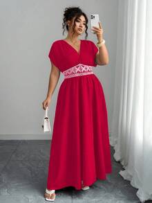 Elenzga Waist Embroidery,Paisley Print,V-Neck,Ruched Shoulders,Cinched Waist,Elegant - Rose Red - View 4