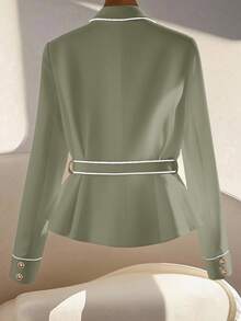 GlowEve 女士优雅撞色饰边腰带西装外套，简约杏色，高品质通勤风格，纯色百搭长袖夹克 - 橄欖綠 - 查看 2