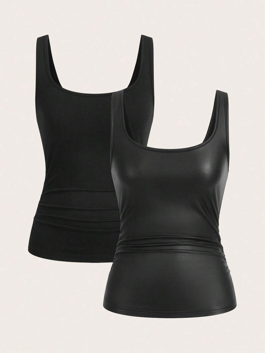 Slaydiva 2pcs Women Casual Crew Neck Ruched Waist Bodycon Tank Top Set, Versatile, Suitable For Daily Wear - Black - View 1