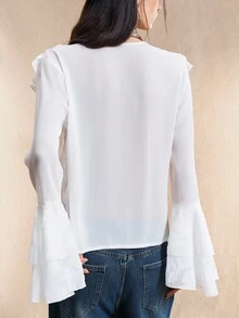 Easelle قميص نسائي كاجوال مريح للخارج بأكمام واسعة مرفرفة وياقة على شكل حرف V بطبقات من الكشكشة بطراز بوهيمي عتيق