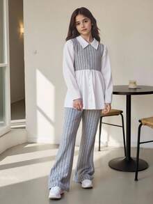 Sparklyn 2pcs/Set Tween Girls Casual Striped Long Sleeve Shirt And Flared Stretch Pants, Suitable For Autumn/Winter