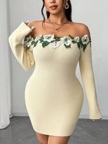 Elenzga 大码女式露肩长袖刺绣花卉装饰修身腰部修身优雅浪漫毛衣裙，秋冬 - 彩色 - 查看 5