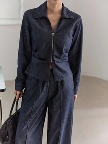 DAZY Áo khoác cardigan cổ bẻ denim và quần ống rộng cho nữ Bộ đồ denim thường ngày - Rửa tối - Xem 2