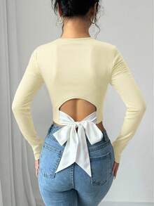 EMERY ROSE Camiseta feminina cropped com amarração nas costas, manga comprida, gola redonda - Luz amarela - Ver 2