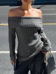 Livesso Women's Sexy Off Shoulder Ribbed Knit Sweater, Fitted Silhouette, Casual & Fashionable, Suitable For Autumn & Winter - Grey - View 1