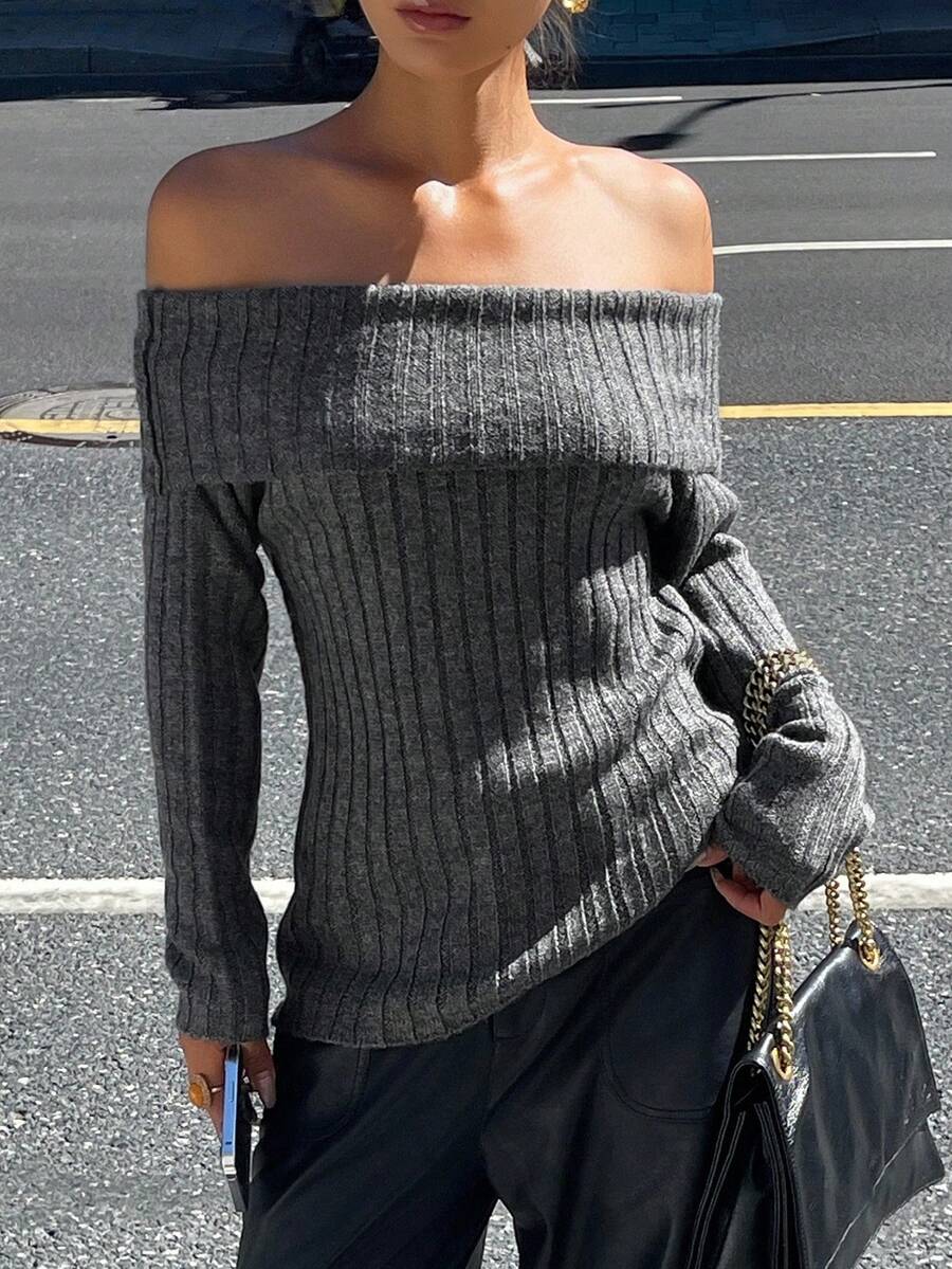 Livesso Women's Sexy Off Shoulder Ribbed Knit Sweater, Fitted Silhouette, Casual & Fashionable, Suitable For Autumn & Winter - Grey - View 1