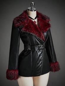 SHEIN ICON Áo khoác dạ dạ hội bằng da mềm mại màu tương phản màu đen Gothic Halloween dành cho nữ, thời trang đi làm, lông giả, chắp vá, mùa đông - màu đen - Xem 10