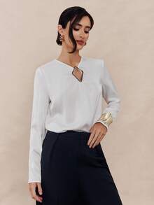 Modelyn Women's Solid Color V-Neck Metal Ring Decor Long Sleeve Raglan Fashion Blouse - White - View 5