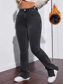 SHEIN ICON 大码女式纯色保暖内衬修身休闲牛仔裤 - 深灰色 - 查看 1