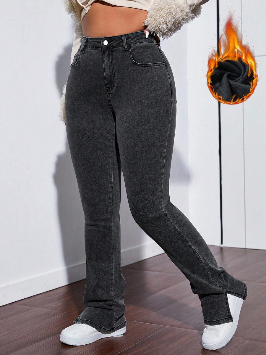 SHEIN ICON 大码女式纯色保暖内衬修身休闲牛仔裤 - 深灰色 - 查看 1