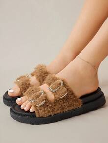 Solecia 女式搭扣设计毛绒厚底复古拖鞋 - 棕色 - 查看 9