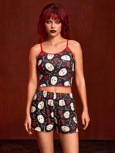 Friday the 13th X ROMWE Women Mask Print Camisole Top And Shorts Pajama Set