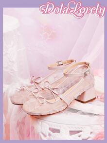 Dola Lovely 女士浅粉色圆头高跟鞋，粗跟女士低帮网眼透气蝴蝶结玛丽珍鞋，时尚百搭夏季鞋履