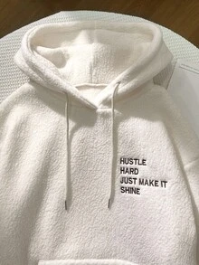Franclia Women's Retro Minimalist Loose Oversized Drop Shoulder Embroidered Letter Pouch Pocket Fleece Hoodie, Autumn/Winter - Beige - View 4
