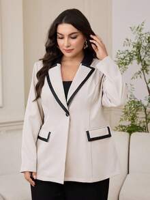 Modelyn Plus Size Women Contrast Color Lapel NeckLong Sleeve Casual Blazer Jacket, Autumn/Winter - Apricot - View 1
