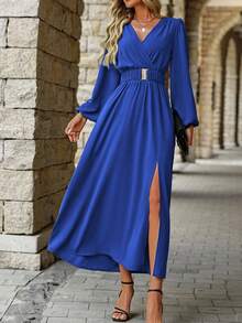 EMERY ROSE Đầm Maxi Nữ Tay Phồng Cổ Tim Màu Trơn, Cạp Cao, Xẻ Tà Cao Cấp - Xanh đậm - Xem 6