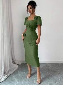 Elenzga Women's Elegant Commuter Solid Color 3D Floral Decor Mid-Length Dress - Army Green - View 4