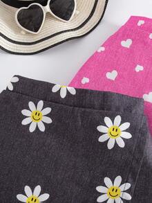 Elladie kids 2 件套 Tween Girl 活力假期向日葵、心形、人脸仿牛仔印花不对称短裤，蓝色和粉色组合，适合夏季外出 - 彩色 - 查看 5