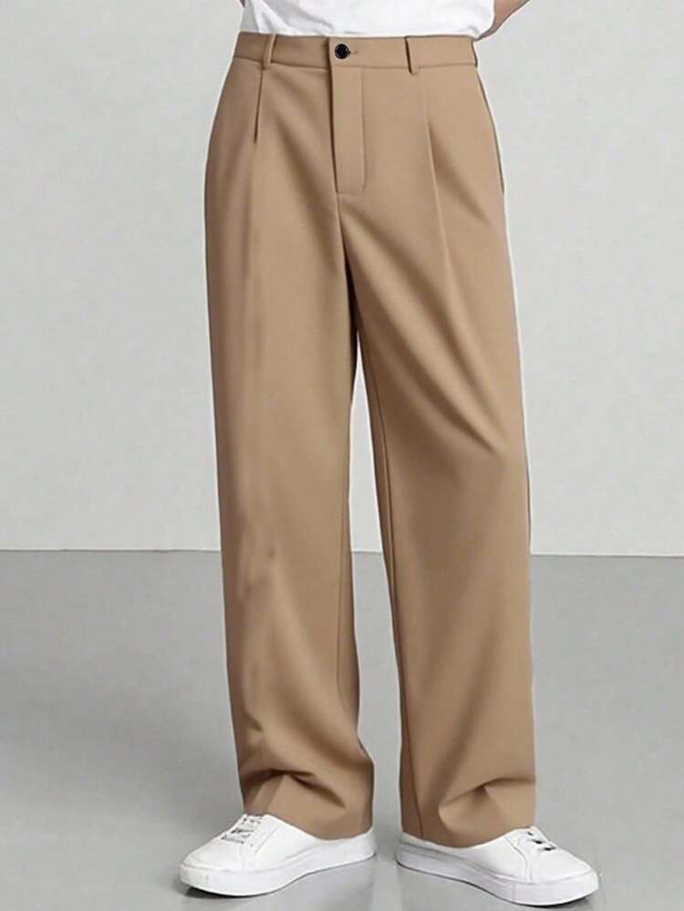 Calvornis Calça de Terno Casual Masculina de Perna Reta e Cor Sólida - Caqui - Visão 1