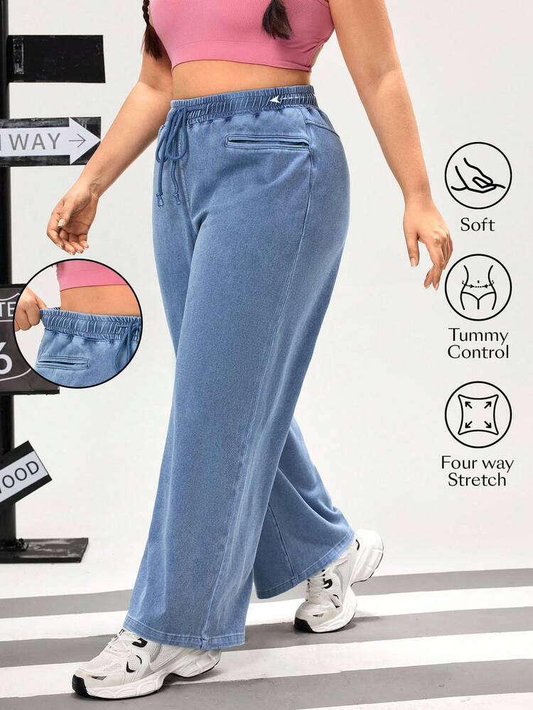 Flexra Oversized Sports Casual Straight Knit Jeans - Light Wash - View 1