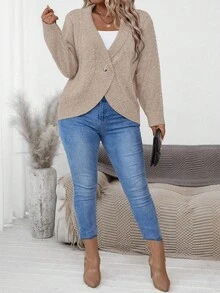 大码女式纯色休闲宽松长袖开衫 - 卡其色 - 查看 4