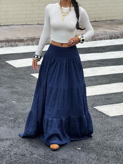 MainGRL Navy Blue Women's Casual A-Line Skirt, Summer