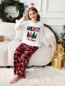 SHEIN 少女可愛聖誕睡衣套裝，長袖白色卡通印花上衣與紅色格紋長褲居家服，適合秋季居家派對，母女款睡衣 - 紅色 - 查看 5