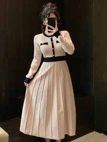 DAZY Women's Elegant Colorblock Round Neck Sweater Dress, Autumn