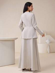 Veilorie Bộ 2 món áo sơ mi xẻ tà màu trơn thanh lịch dành cho nữ đi làm và chân váy dài - Màu Xám nhạt - Xem 4