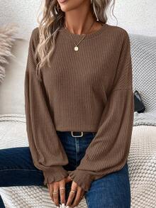 SHEIN LUNE Casual Versatile Lantern Sleeve Green Ribbed Women T-Shirt