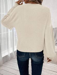 SHEIN LUNE Casual Versatile Lantern Sleeve Green Ribbed Women T-Shirt