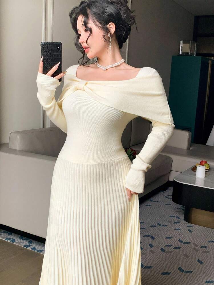 Women's Elegant Solid Color Square Neck Asymmetric Sweater Dress, Autumn