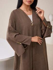 Al Najma 宽松纯色长袖女式阿拉伯长袍，3D金属装饰，休闲 - 咖啡棕 - 查看 1