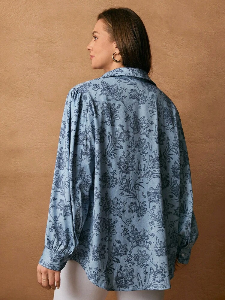 Plus Size Women's Fashionable Casual Printed Button-Down Long Sleeve Shirt,Double-Layer Shirt And Jacket,Autumn