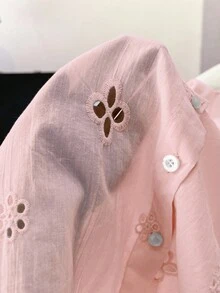 INAWLY 女士刺绣镂空长袖单排扣休闲宽松衬衫 - 粉色 - 查看 7
