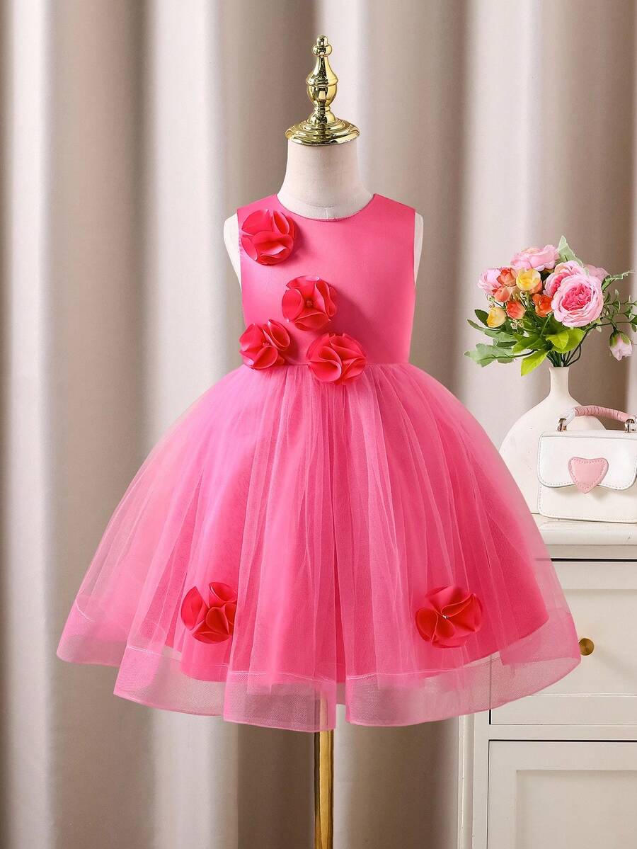 Glamorique Kids 幼儿花童礼服，缎面紫红色连衣裙，带网眼花卉串珠无袖公主礼服 - 玫紅色 - 查看 1