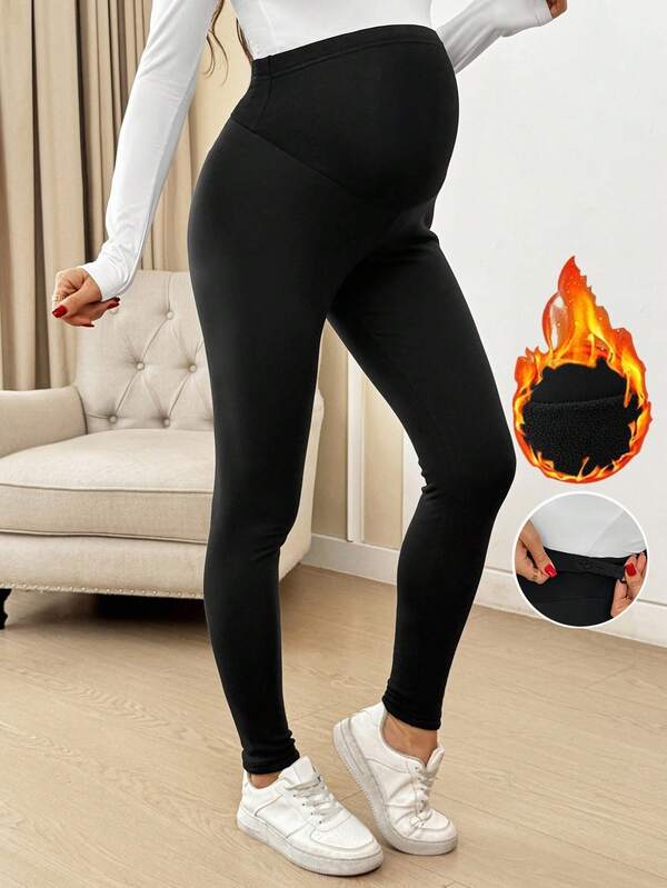 SHEIN Comfortable Black Maternity Leggings In Knitted Fabric With Long Length And Adjustable Belly Support