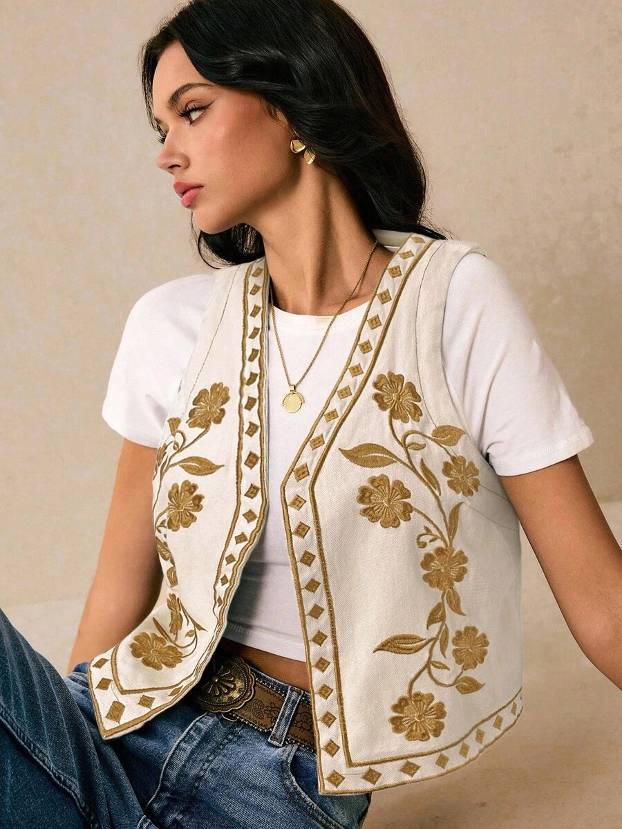 Poéselle 女士花卉刺绣牛仔背心，波西米亚风开襟牛仔背心夏季上衣 Y2k 乡村音乐会可爱夏季上衣节日 - 卡其色 - 查看 1