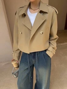 K-Vae 女士秋冬卡其色日常韩版短款风衣，老款风格，万圣节服装，别致秋季 - 卡其色 - 查看 5