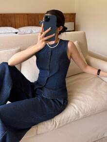 K-Vae Women's Four-Season Denim Suit, Slim-Fit Vest And Trousers Suit, Simple Old Money Style,New Year's Wear - Dark Wash - View 6