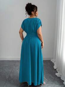 Elenzga Plus Size Women's Casual Maxi Dress With Waist Embroidery, Paisley Pattern Bohemian Style Deep V-Neck, Ruched Shoulder, Cinched Waist, Slimming & Elegant For Outing, Afternoon Tea, Party, Daily, Vacation