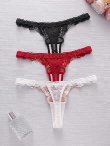 SHEIN 3pcs/Pack Women's Low Waist Lace Thong Panties, Random Heart Pattern - Multicolor - View 2