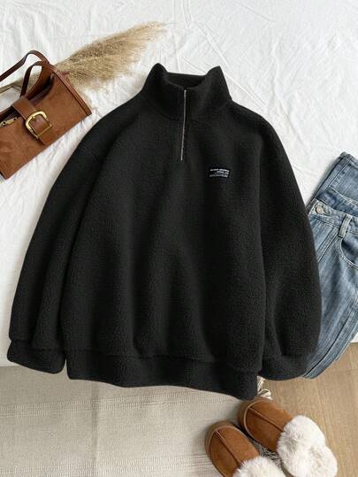 Comfortcana 加大码纯色简约日常长袖羊毛运动衫，秋冬黑色拉链运动衫女式冬季羊毛套头衫