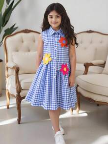 1pc Colorful Floral 3D Decor Gingham Fabric Dress, Sweet And Cute - Blue - View 6