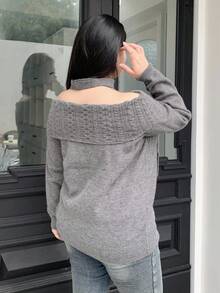 Dazy Plus 大码优雅露肩罗纹针织套头衫，适合大码女士，秋冬 - 深灰色 - 查看 2
