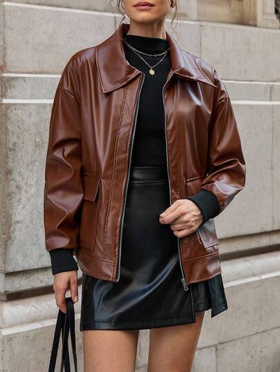 EURMUSE Women's Oversize, Vintage Stylish, Leather Jacket, Cognac Rebel Luxe, Brown Leather Jacket