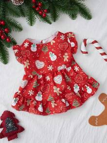 PETSIN 1 Cute Christmas Printed Red Dress Princess Dress Pet Bubble Sleeve Skirt